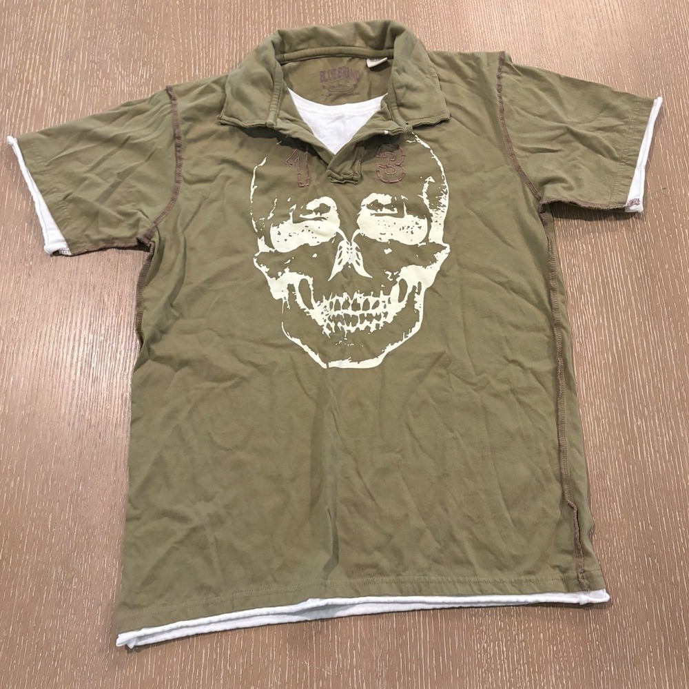Blue Brand Boys Large Olive Green Skull Graphic Layered Look Polo Shirt Cotton